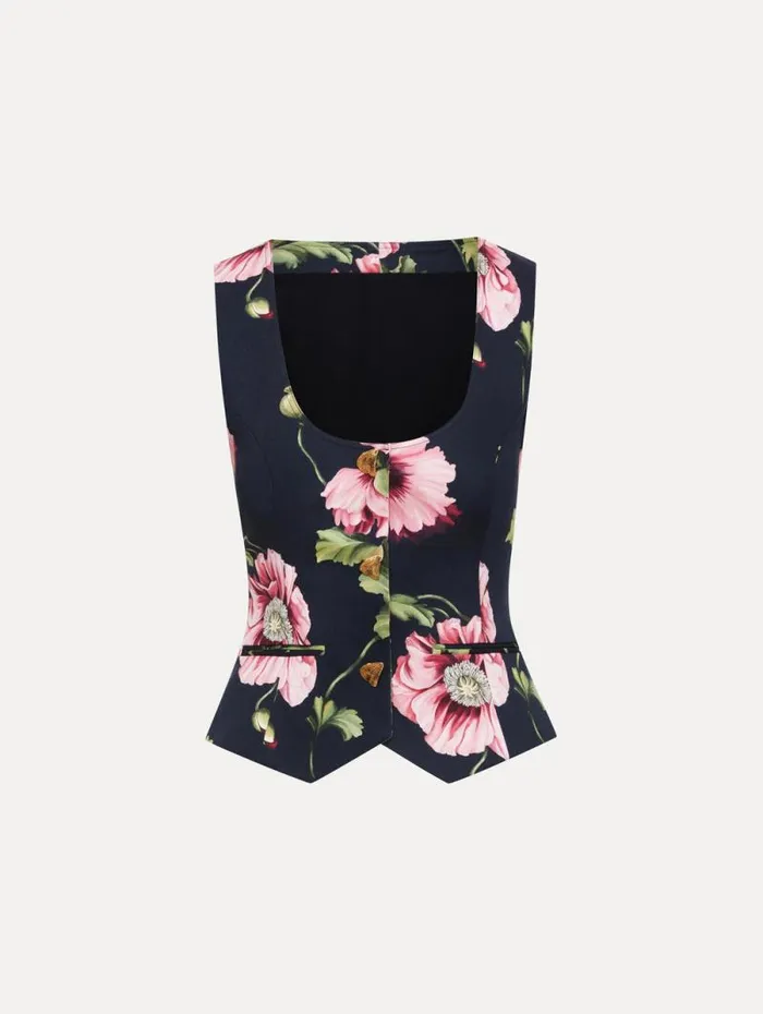 Women Oscar De La Renta Blouses and Knits Poppy Cotton Twill Vest Navy Pink