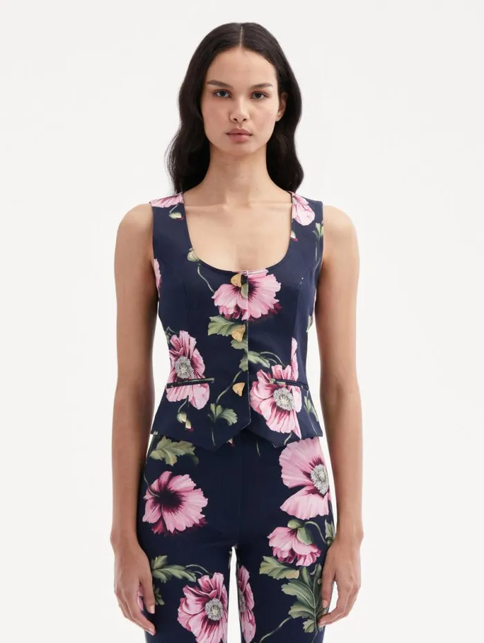 Women Oscar De La Renta Blouses and Knits Poppy Cotton Twill Vest Navy Pink Women Oscar De La Renta Blouses and Knits Poppy Cotton Twill Vest Navy Pink
