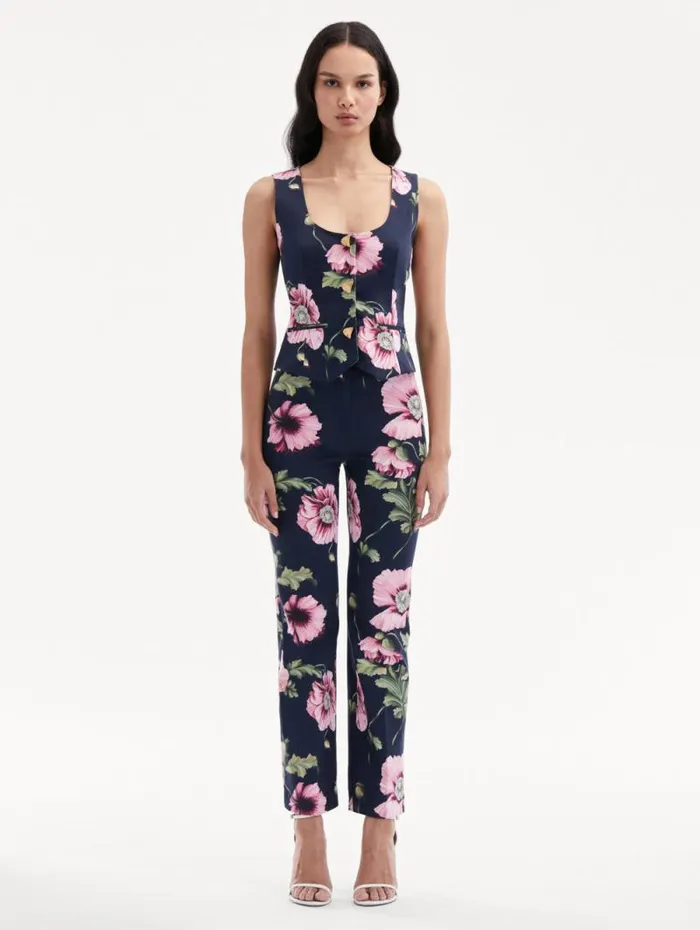 Women Oscar De La Renta Blouses and Knits Poppy Cotton Twill Vest Navy Pink Women Oscar De La Renta Blouses and Knits Poppy Cotton Twill Vest Navy Pink