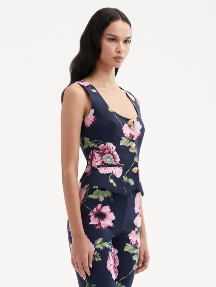 Women Oscar De La Renta Blouses and Knits Poppy Cotton Twill Vest Navy Pink Women Oscar De La Renta Blouses and Knits Poppy Cotton Twill Vest Navy Pink