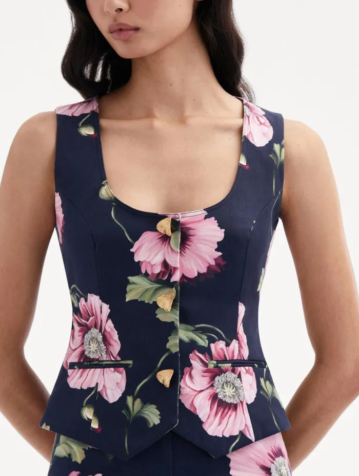 Women Oscar De La Renta Blouses and Knits Poppy Cotton Twill Vest Navy Pink Women Oscar De La Renta Blouses and Knits Poppy Cotton Twill Vest Navy Pink