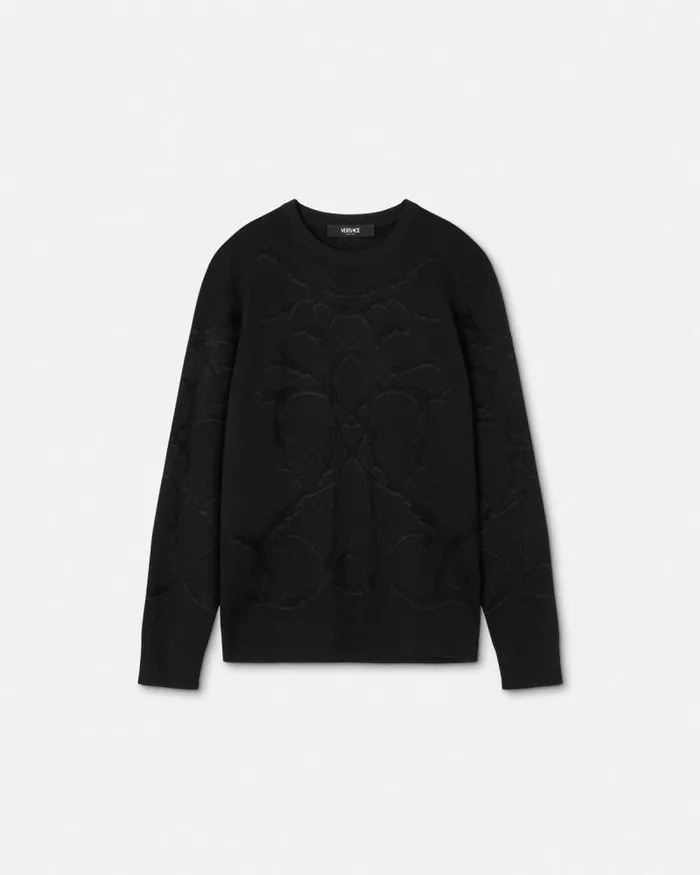 Acanthus Leaves Merino WoolBlend Knit Sweater Black Men Versace Knitwear