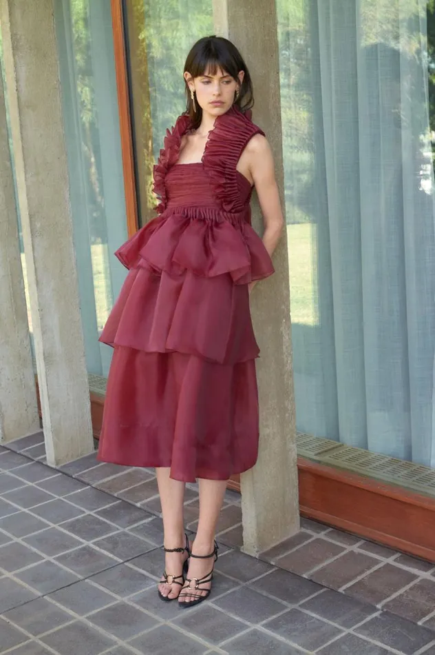 Aje Dresses Asra Pleated Frill Midi Dress Mahogany Red 8211 Women