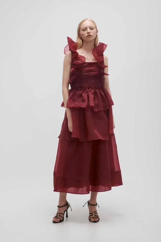 Aje Dresses Asra Pleated Frill Midi Dress Mahogany Red 8211 Women Aje Dresses Asra Pleated Frill Midi Dress Mahogany Red 8211 Women