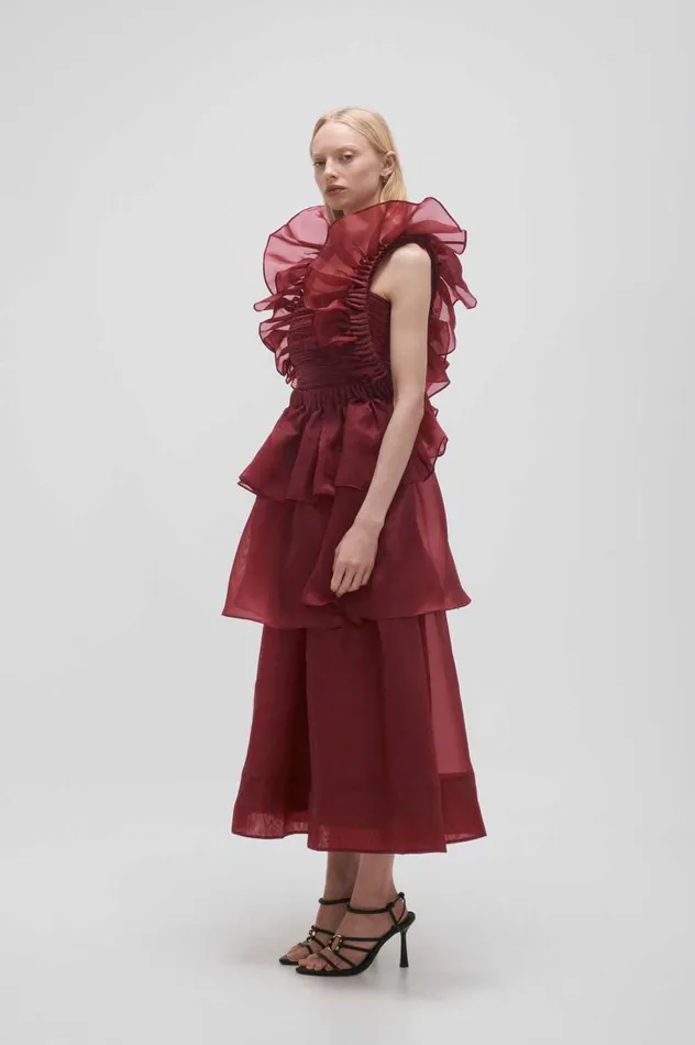 Aje Dresses Asra Pleated Frill Midi Dress Mahogany Red 8211 Women Aje Dresses Asra Pleated Frill Midi Dress Mahogany Red 8211 Women