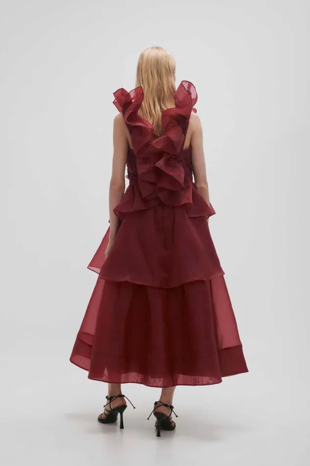 Aje Dresses Asra Pleated Frill Midi Dress Mahogany Red 8211 Women Aje Dresses Asra Pleated Frill Midi Dress Mahogany Red 8211 Women