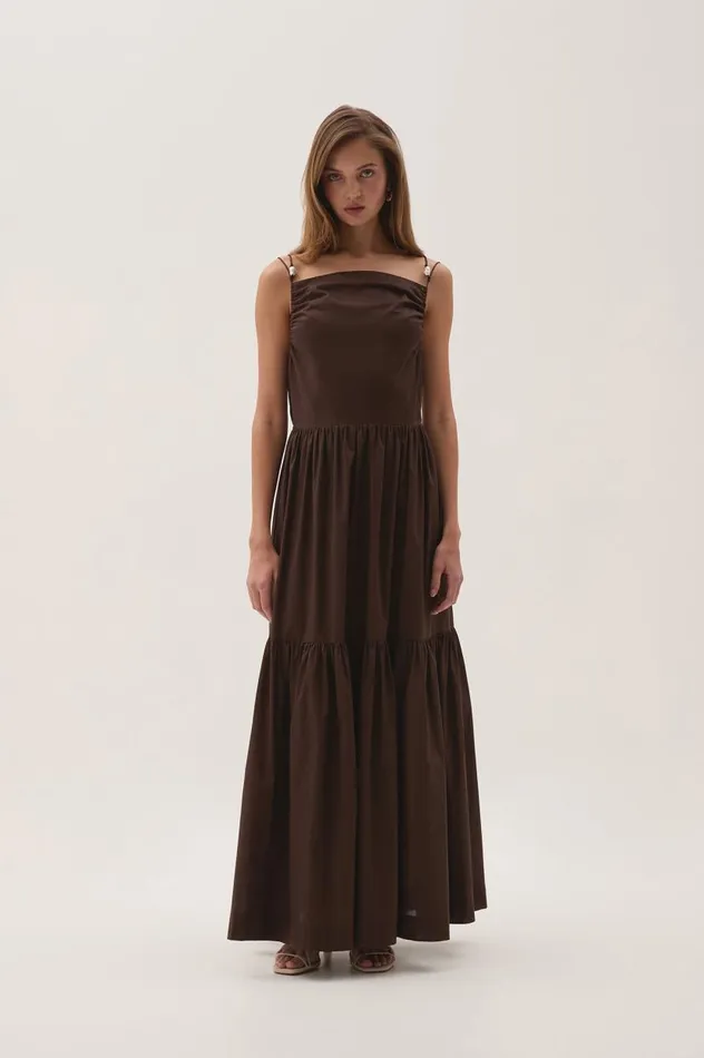 Aje Dresses Marley Tiered Maxi Dress Chocolate 8211 Women Aje Dresses Marley Tiered Maxi Dress Chocolate 8211 Women