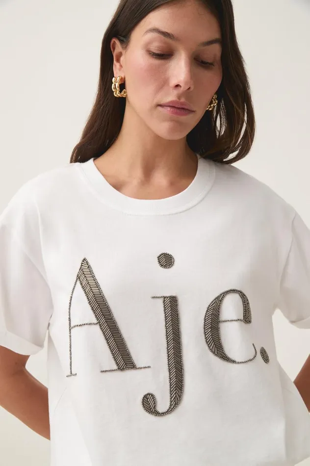 Aje Tees Glint Embellished Logo Tee Whitegunmetal 8211 Women