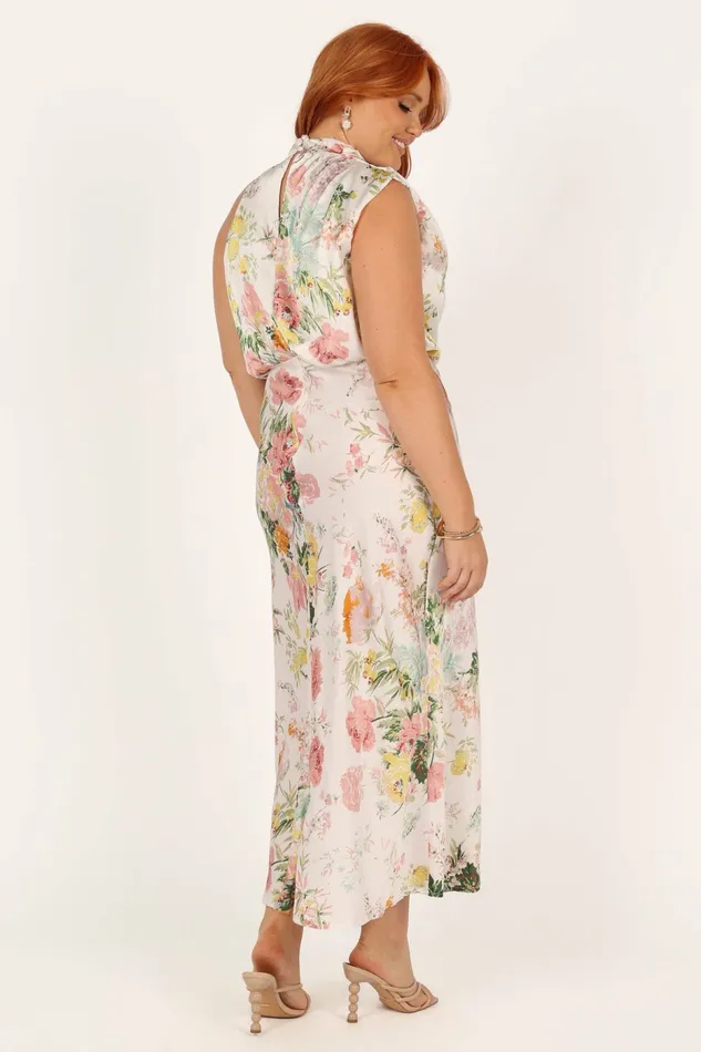Anabelle Halter Neck Midi Dress White Floral Women Satin Dresses Petal and Pup