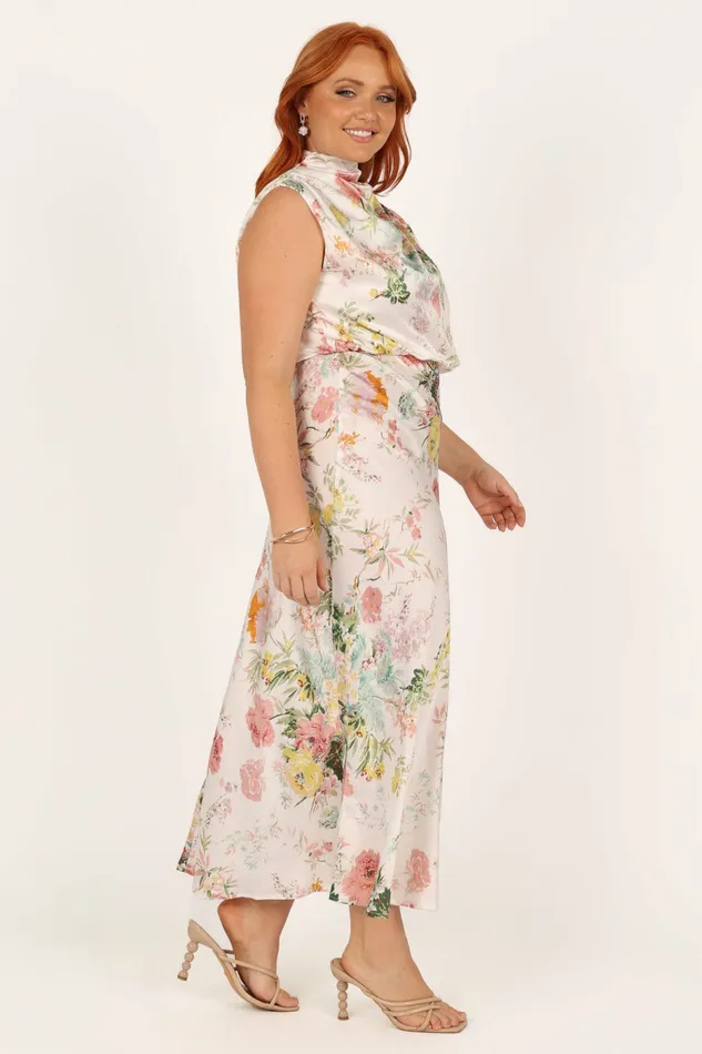 Anabelle Halter Neck Midi Dress White Floral Women Satin Dresses Petal and Pup