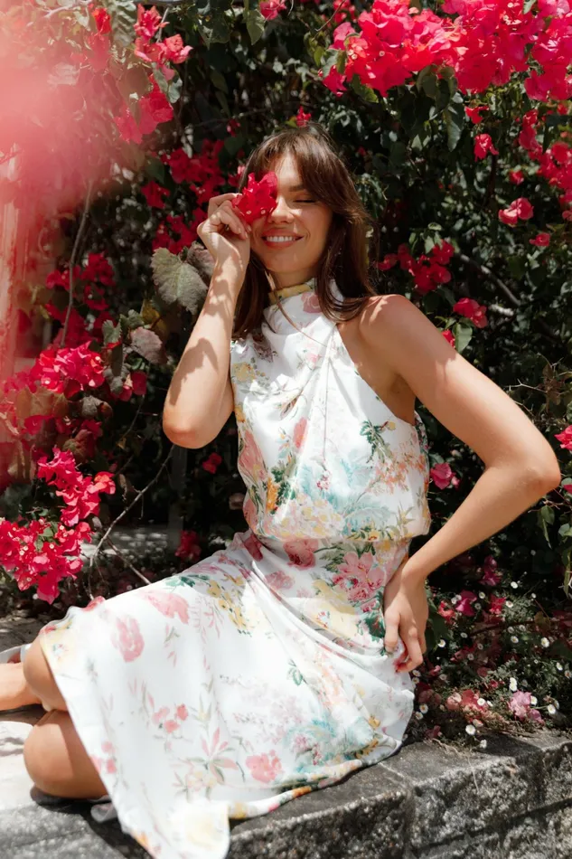 Anabelle Halter Neck Midi Dress White Floral Women Satin Dresses Petal and Pup