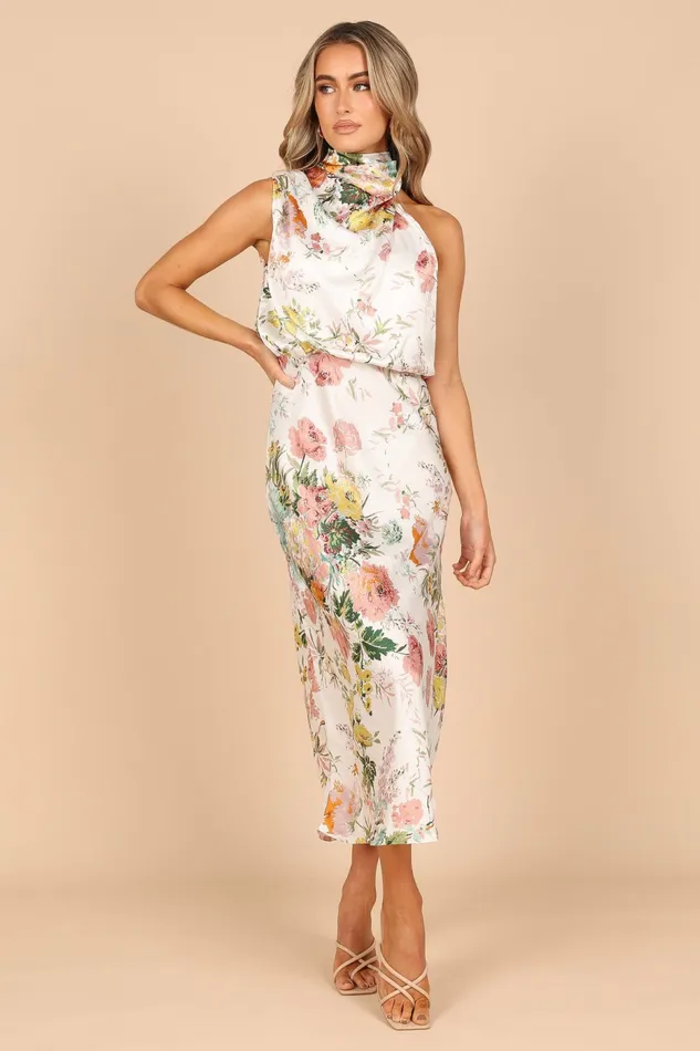 Anabelle Halter Neck Midi Dress White Floral Women Satin Dresses Petal and Pup