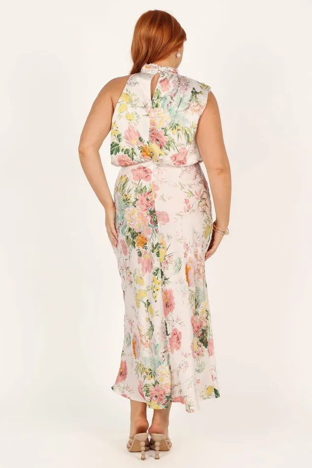 Anabelle Halter Neck Midi Dress White Floral Women Satin Dresses Petal and Pup