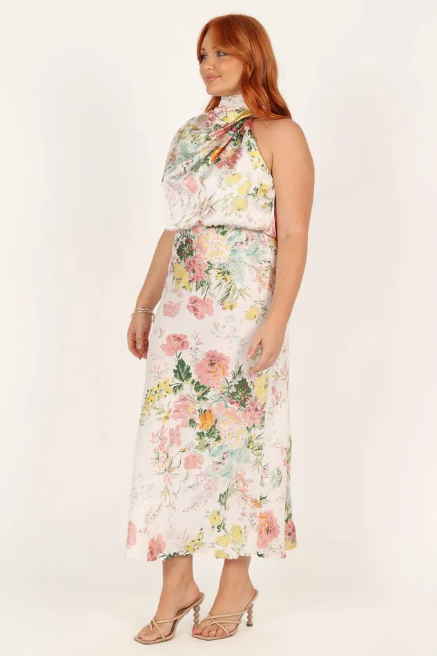 Anabelle Halter Neck Midi Dress White Floral Women Satin Dresses Petal and Pup