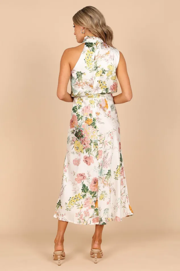 Anabelle Halter Neck Midi Dress White Floral Women Satin Dresses Petal and Pup