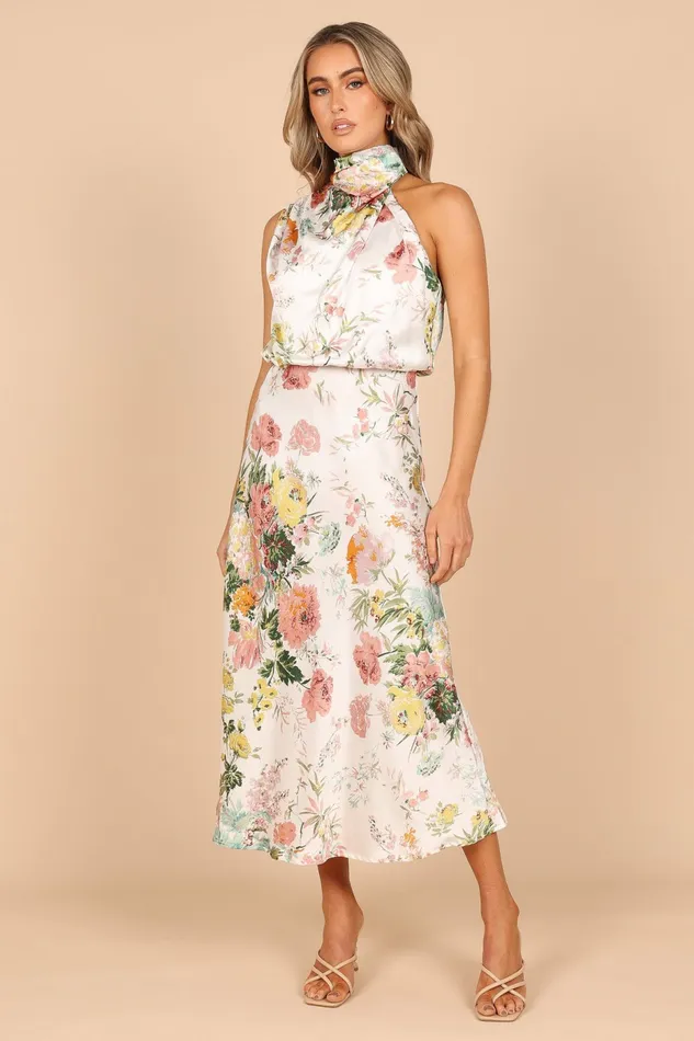 Anabelle Halter Neck Midi Dress White Floral Women Satin Dresses Petal and Pup