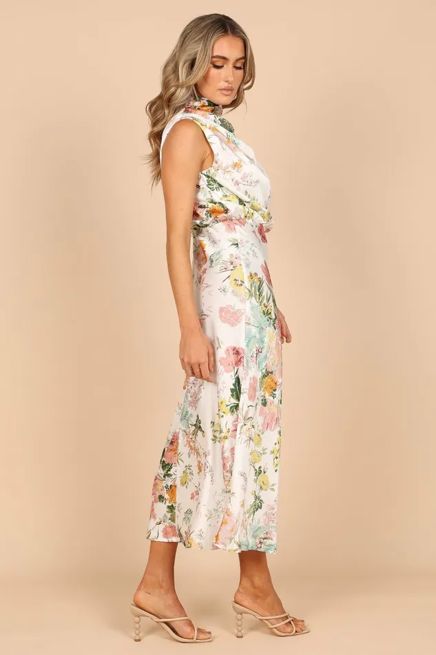 Anabelle Halter Neck Midi Dress White Floral Women Satin Dresses Petal and Pup