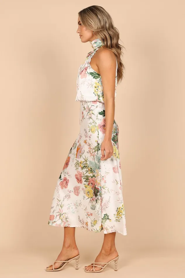 Anabelle Halter Neck Midi Dress White Floral Women Satin Dresses Petal and Pup
