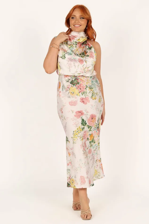 Anabelle Halter Neck Midi Dress White Floral Women Satin Dresses Petal and Pup