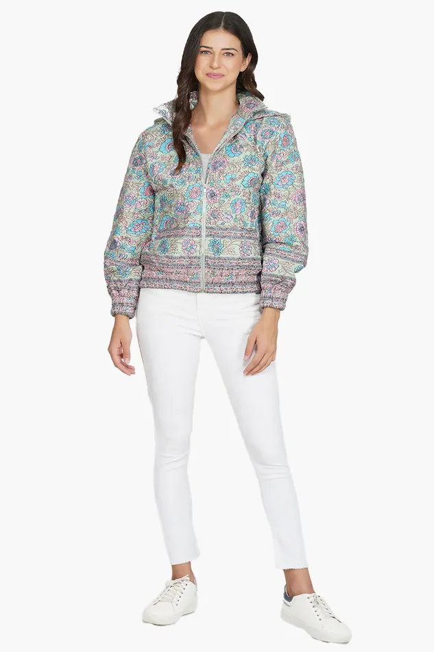 Aruba Blue Floral Bomber Jacket Women Jackets America and Beyond