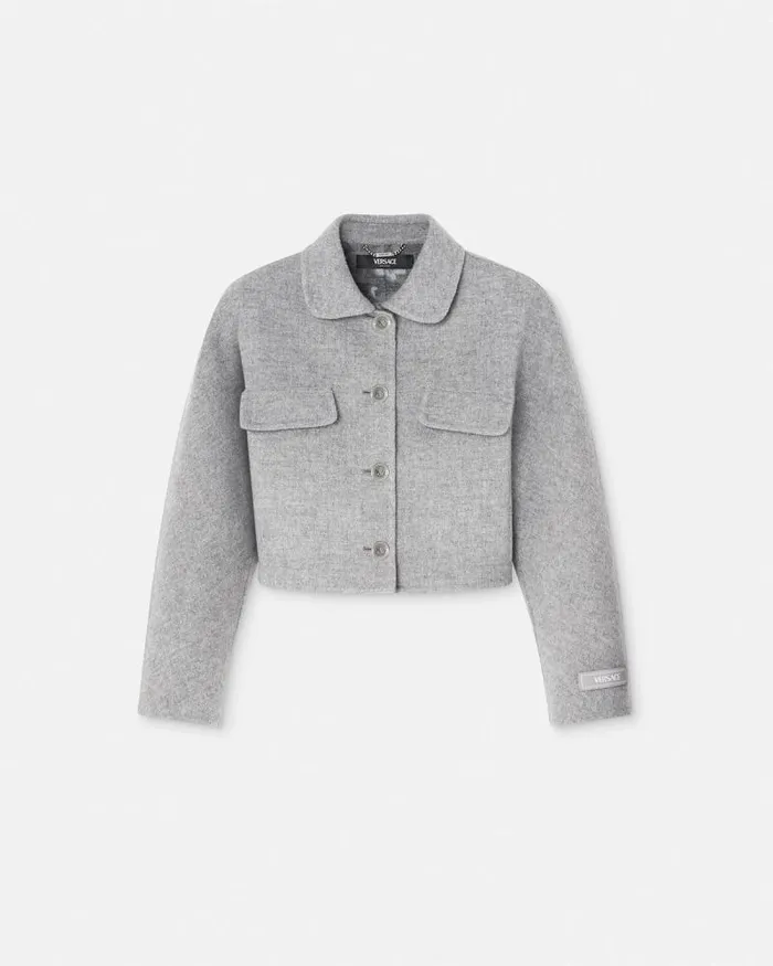 Barocco CashmereBlend Crop Jacket Gray Women Versace Outerwear and Coats