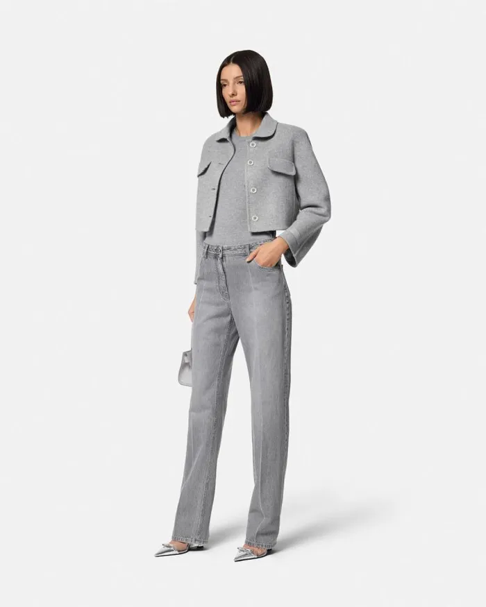 Barocco CashmereBlend Crop Jacket Gray Women Versace Outerwear and Coats