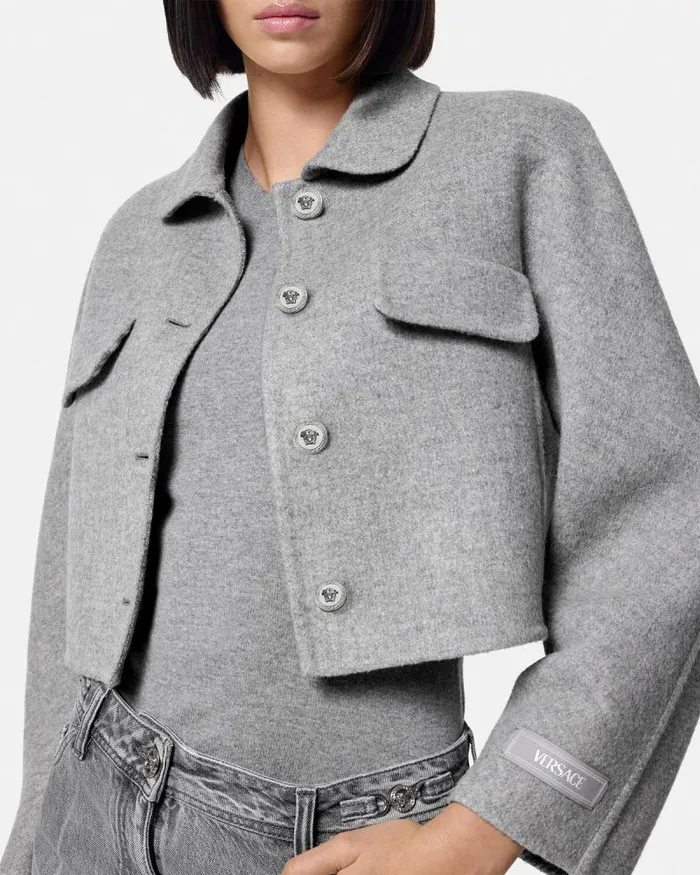 Barocco CashmereBlend Crop Jacket Gray Women Versace Outerwear and Coats