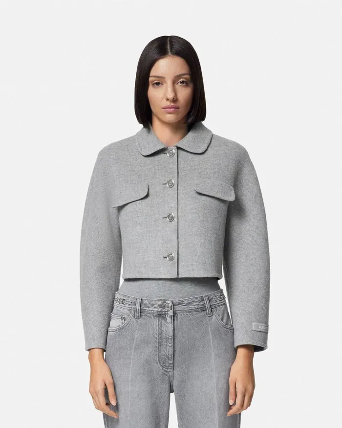 Barocco CashmereBlend Crop Jacket Gray Women Versace Outerwear and Coats