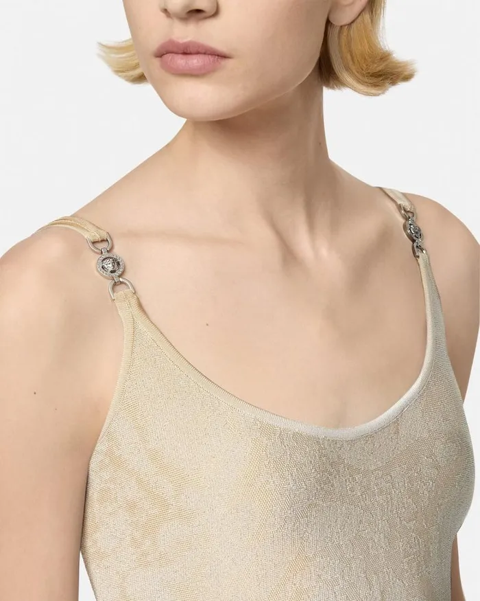 Barocco Knit Flared Mini Dress Beige Women Versace Dresses