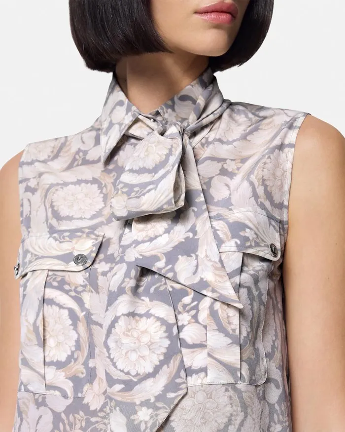 Barocco Lavallire Silk Crpe Top Gray Women Versace Shirts and Tops