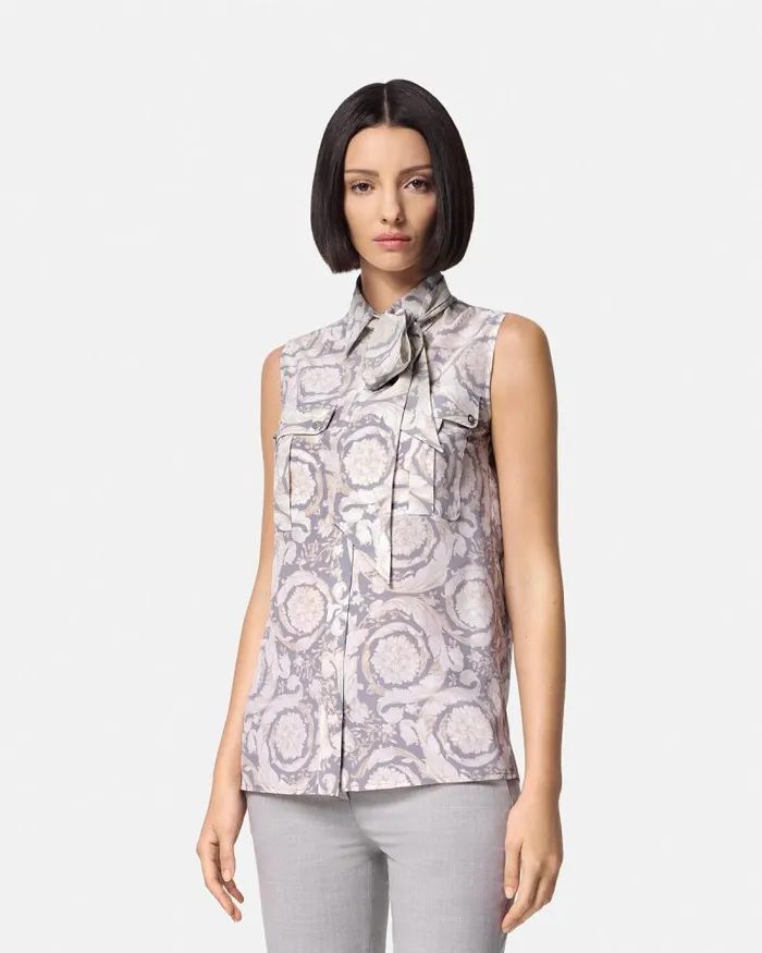 Barocco Lavallire Silk Crpe Top Gray Women Versace Shirts and Tops