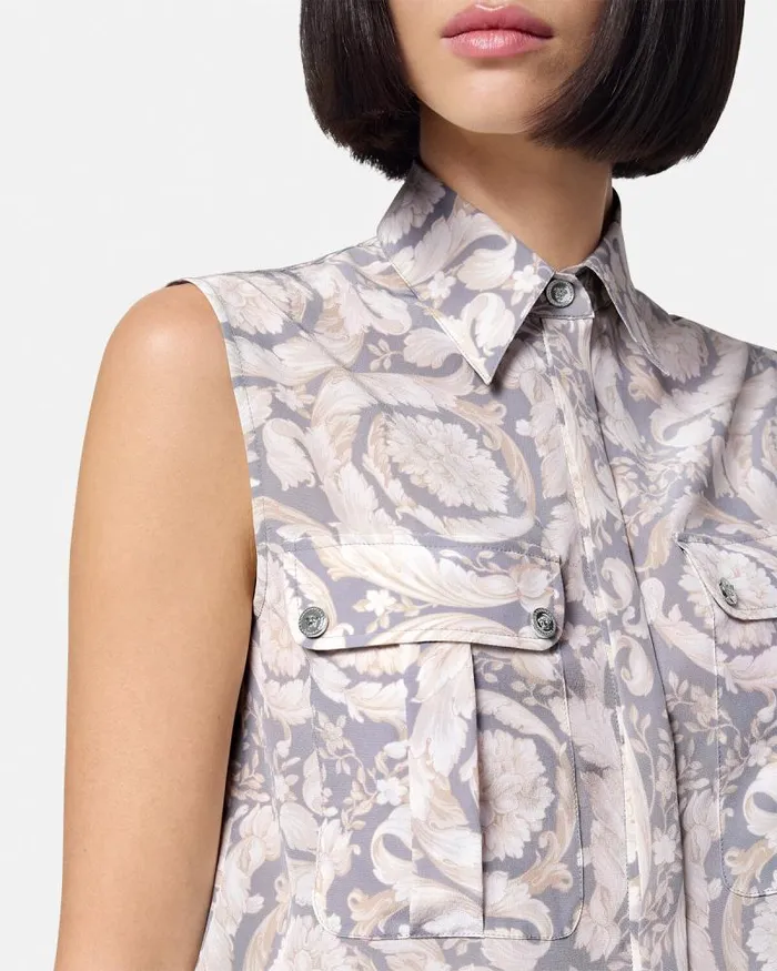 Barocco Lavallire Silk Crpe Top Gray Women Versace Shirts and Tops