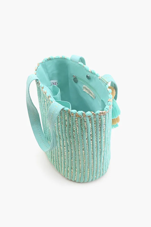 Beach Bags Natural Beauty Upcyled Hand Woven Mint Tote 8211 America and Beyond Women