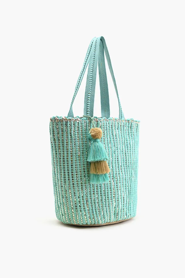 Beach Bags Natural Beauty Upcyled Hand Woven Mint Tote 8211 America and Beyond Women