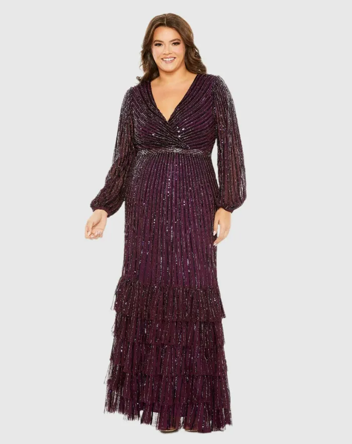 Beaded Faux Wrap Puff Sleeve Ruffle Tiered Dress Blackberry Plus Size Dresses Mac Duggal Women Beaded Faux Wrap Puff Sleeve Ruffle Tiered Dress Blackberry Plus Size Dresses Mac Duggal Women