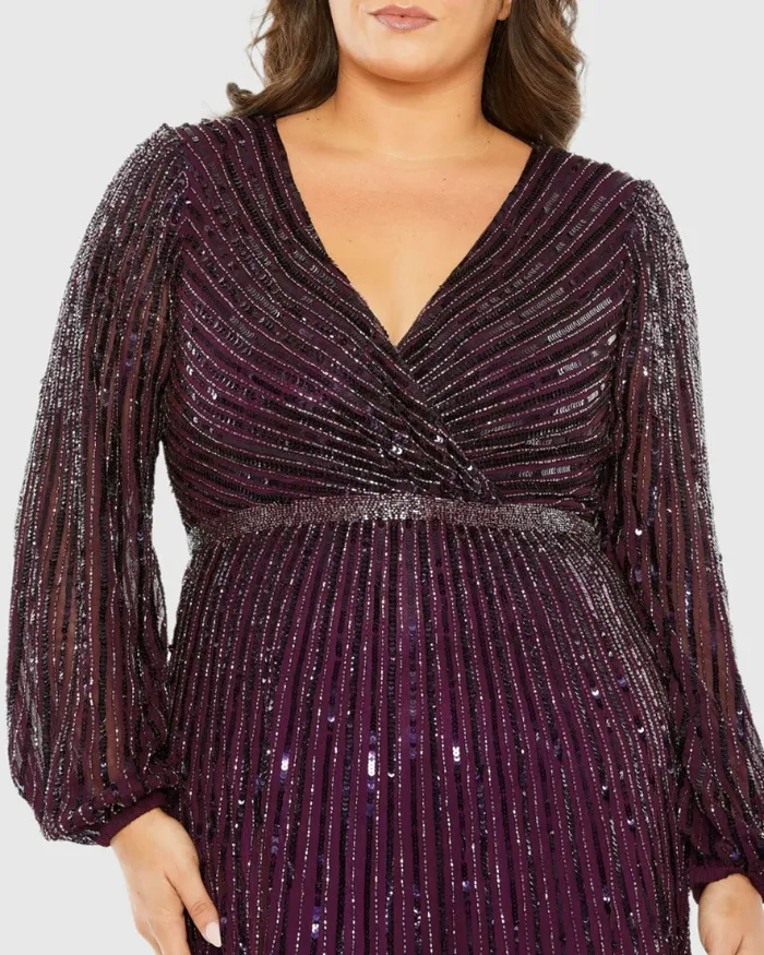 Beaded Faux Wrap Puff Sleeve Ruffle Tiered Dress Blackberry Plus Size Dresses Mac Duggal Women Beaded Faux Wrap Puff Sleeve Ruffle Tiered Dress Blackberry Plus Size Dresses Mac Duggal Women