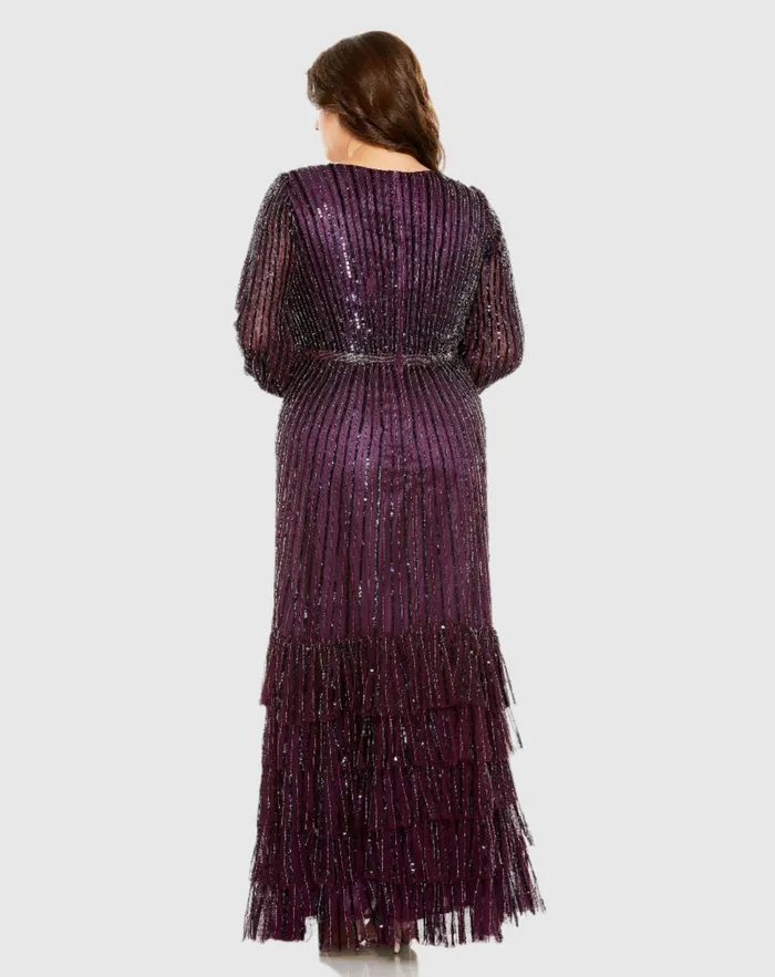 Beaded Faux Wrap Puff Sleeve Ruffle Tiered Dress Blackberry Plus Size Dresses Mac Duggal Women Beaded Faux Wrap Puff Sleeve Ruffle Tiered Dress Blackberry Plus Size Dresses Mac Duggal Women