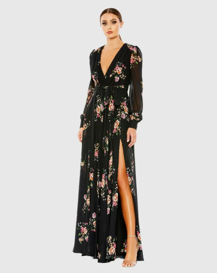 Belted Floral Print Illusion Long Sleeve Gown Black Multi Daytime Dresses Mac Duggal Women