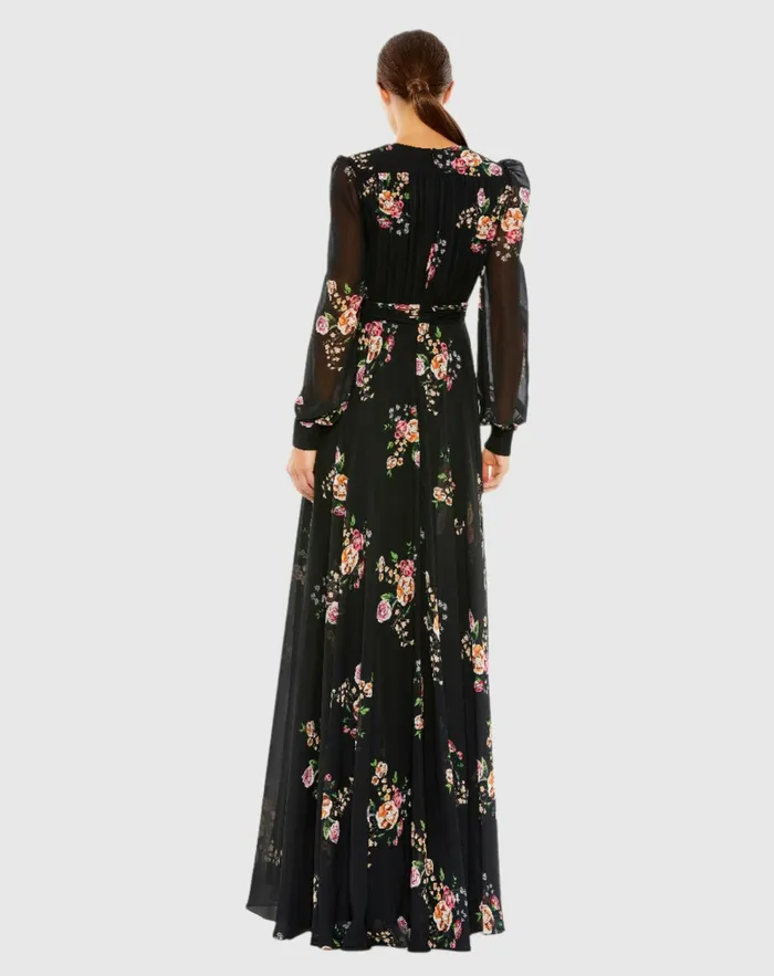 Belted Floral Print Illusion Long Sleeve Gown Black Multi Daytime Dresses Mac Duggal Women