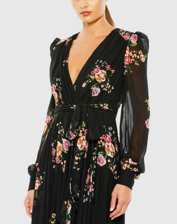 Belted Floral Print Illusion Long Sleeve Gown Black Multi Daytime Dresses Mac Duggal Women