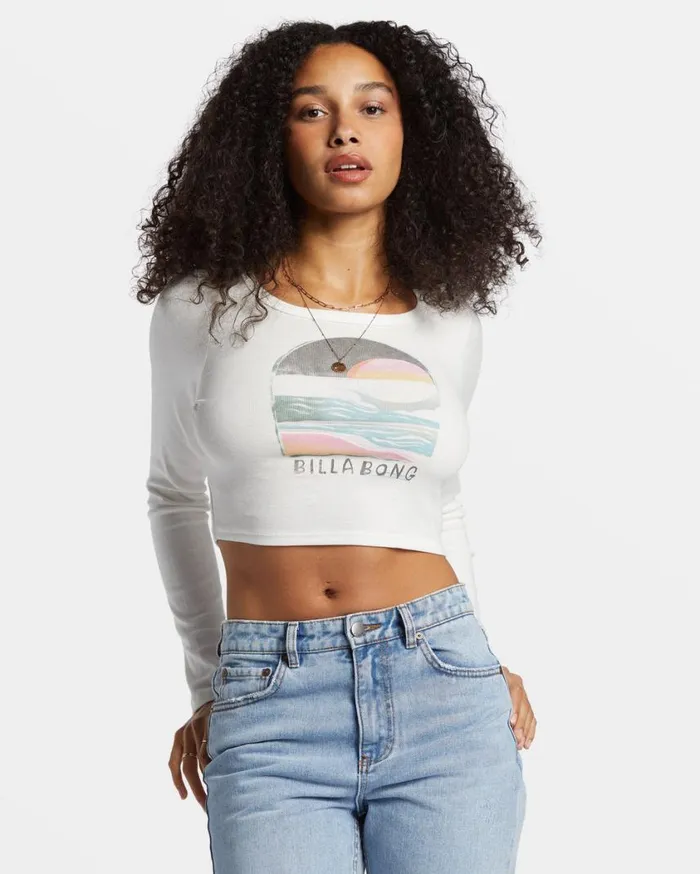 Billabong Find Your Coast Long Sleeve Cropped Tshirt Salt Crystal Womens Graphic Tees and Tanks Billabong Find Your Coast Long Sleeve Cropped Tshirt Salt Crystal Womens Graphic Tees and Tanks