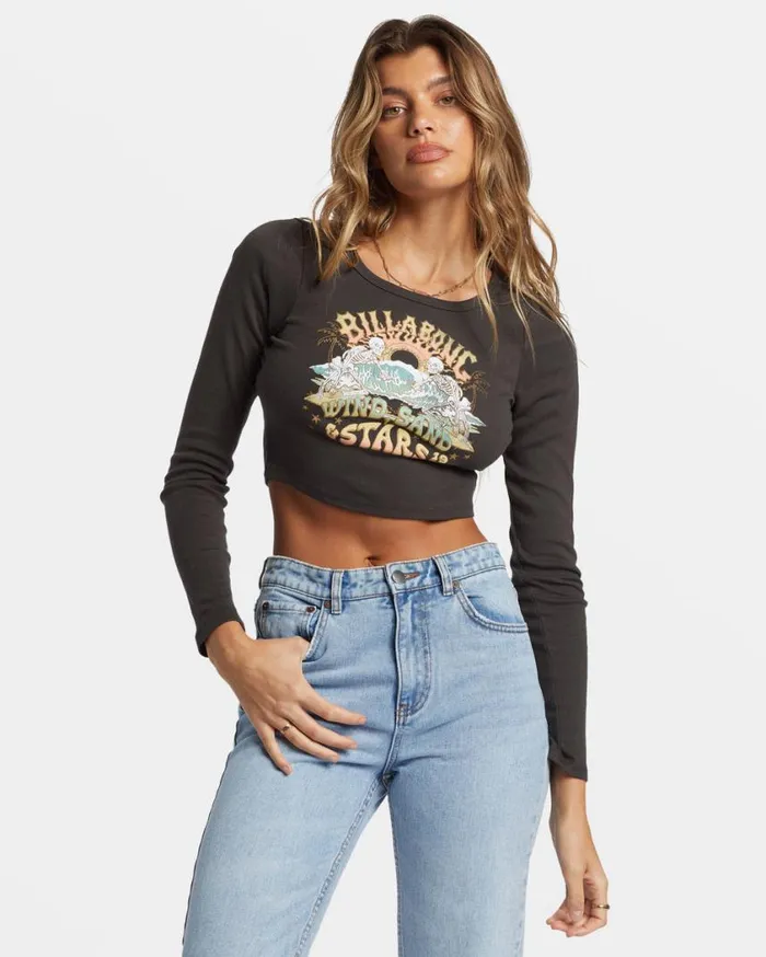 Billabong Stars In Your Eyes Long Sleeve Cropped Tshirt Off Black Womens Graphic Tees and Tanks Billabong Stars In Your Eyes Long Sleeve Cropped Tshirt Off Black Womens Graphic Tees and Tanks
