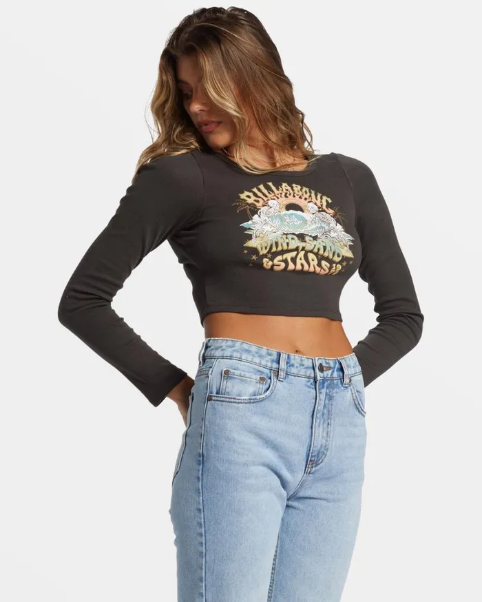 Billabong Stars In Your Eyes Long Sleeve Cropped Tshirt Off Black Womens Graphic Tees and Tanks Billabong Stars In Your Eyes Long Sleeve Cropped Tshirt Off Black Womens Graphic Tees and Tanks
