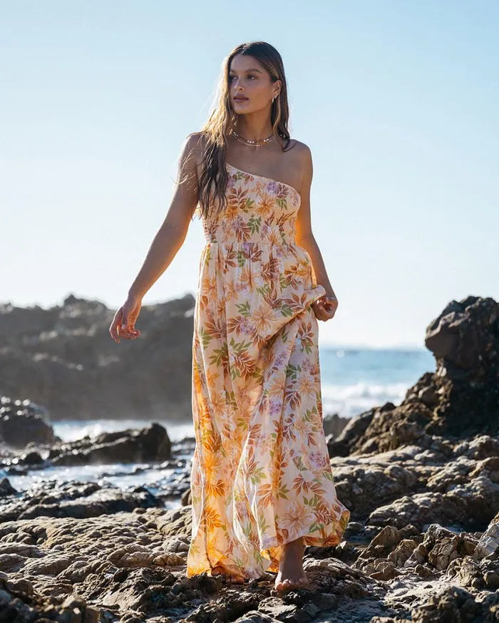 Billabong Warmer Days One Shoulder Maxi Dress Peach Whip Womens Dresses