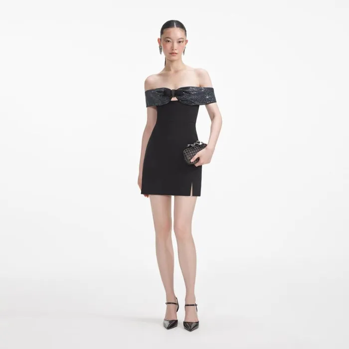 Black Crepe Bow Mini Dress Women Self Portrait Dresses