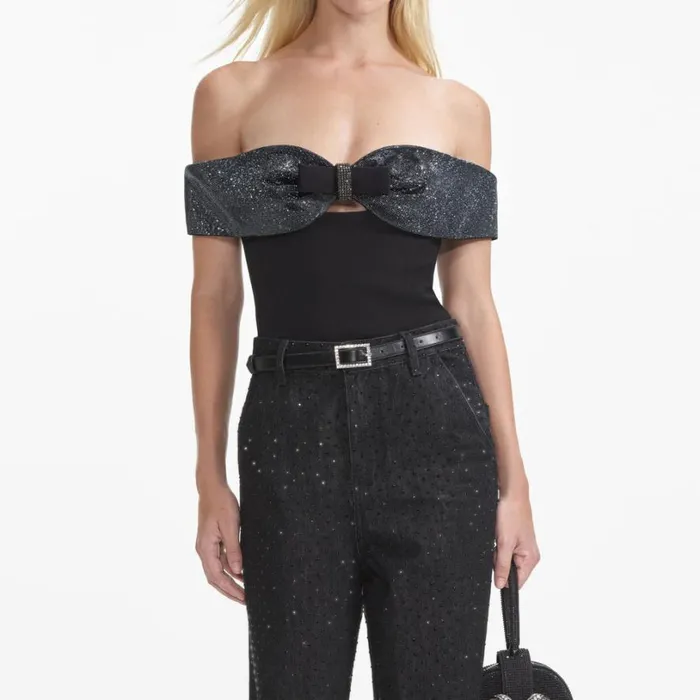 Black Crepe Bow Top Women Self Portrait Tops Black Crepe Bow Top Women Self Portrait Tops