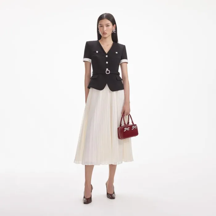 Black Crepe Contrast Chiffon Midi Dress Women Self Portrait Dresses
