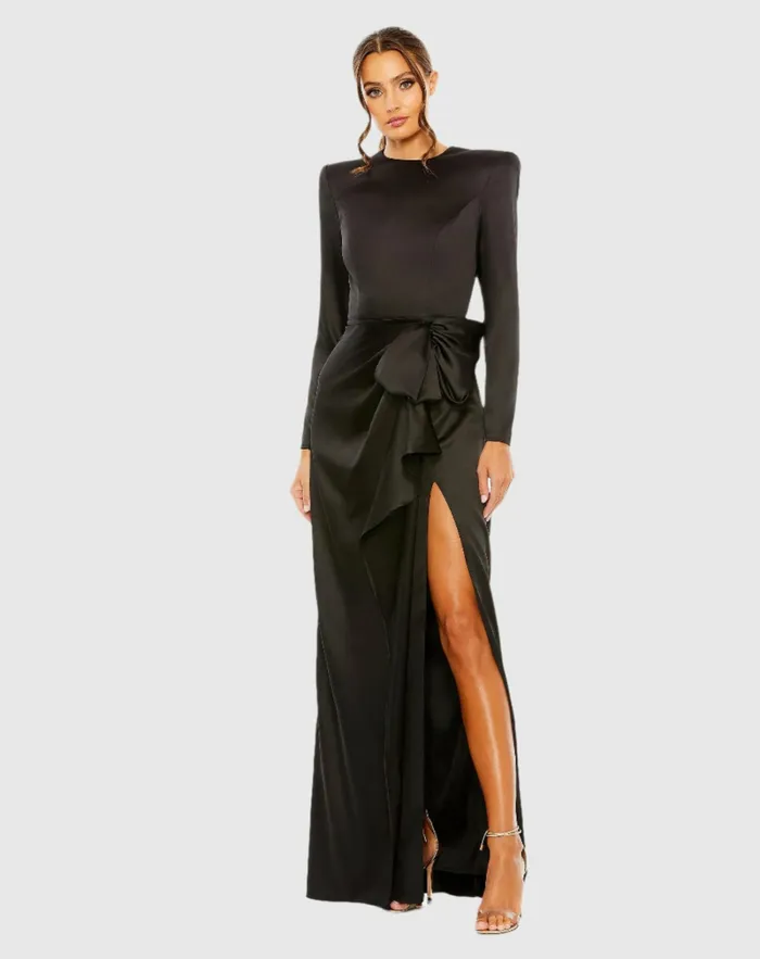 Black Long Sleeve Structured Bow Draped Gown Black Women Evening Gowns Mac Duggal Black Long Sleeve Structured Bow Draped Gown Black Women Evening Gowns Mac Duggal