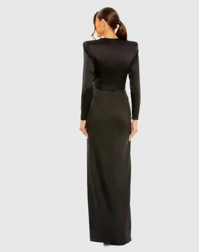 Black Long Sleeve Structured Bow Draped Gown Black Women Evening Gowns Mac Duggal