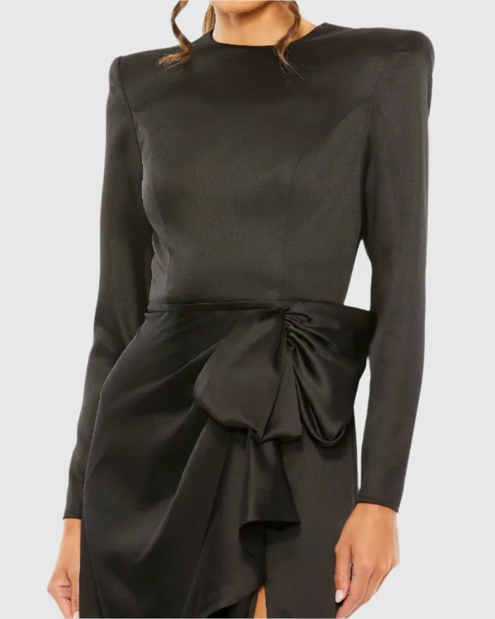 Black Long Sleeve Structured Bow Draped Gown Black Women Evening Gowns Mac Duggal